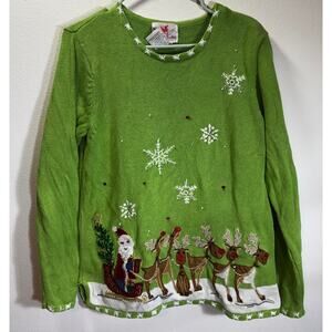 Quacker Factory Women’s M Christmas Sweater Green Santa Reindeer Embroidered